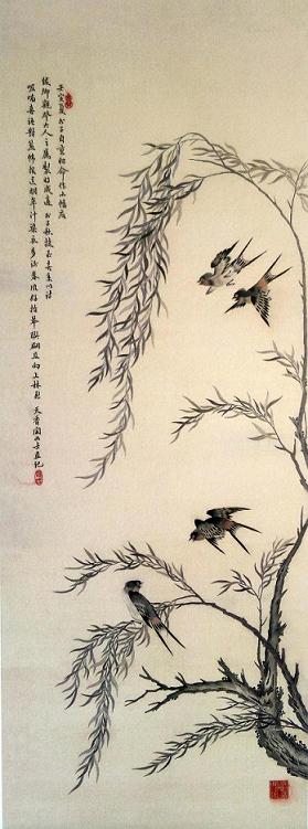 沈壽繡柳燕圖（軸），刺繡名作，蘇繡名人，清朝刺繡
