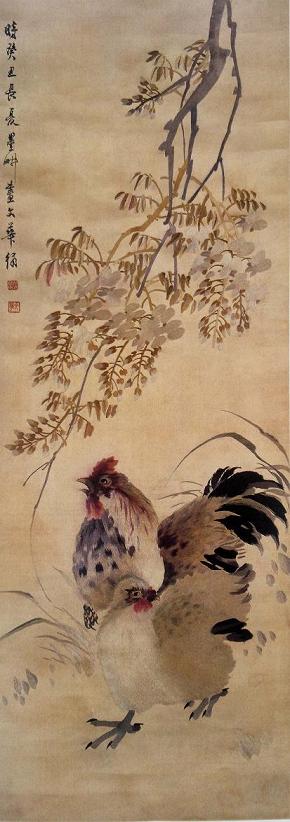 薛文華繡紫藤雙雞圖(軸),民國時(shí)期蘇繡,民國織繡精品,華喦