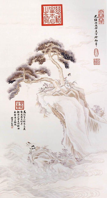 刺繡慈禧印松鶴圖（軸）,宮廷繡品，皇家刺繡品